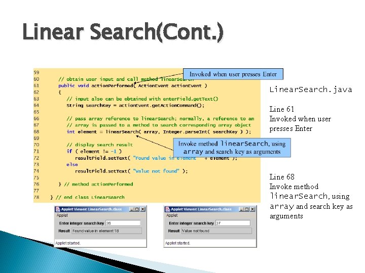 Linear Search(Cont. ) Linear. Search. java Line 61 Invoked when user presses Enter Line