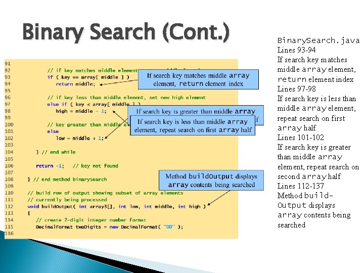 Binary Search (Cont. ) Binary. Search. java Lines 93 -94 If search key matches