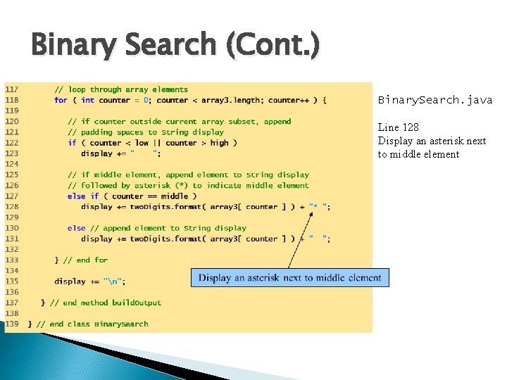 Binary Search (Cont. ) Binary. Search. java Line 128 Display an asterisk next to