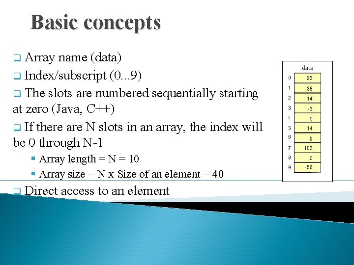 Basic concepts q Array name (data) q Index/subscript (0. . . 9) q The