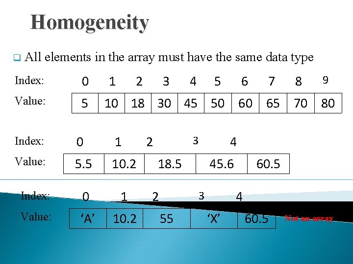 Homogeneity q All elements in the array must have the same data type Index: