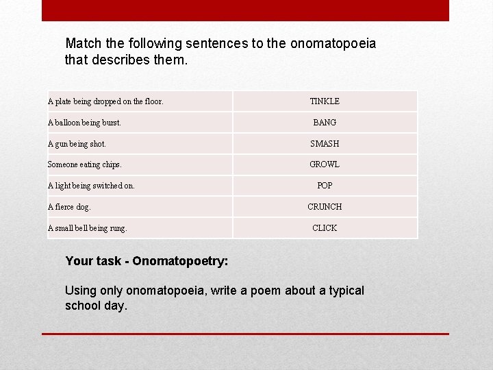 Match the following sentences to the onomatopoeia that describes them. A plate being dropped