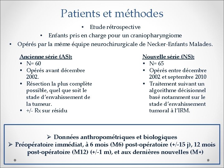 Patients et méthodes • • Etude rétrospective • Enfants pris en charge pour un