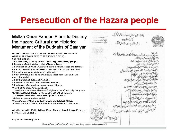 Persecution of the Hazara people Mullah Omar Farman Plans to Destroy the Hazara Cultural