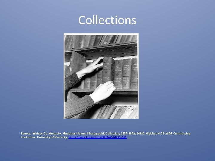 Collections Source: Whitley Co. Kentucky. Goodman-Paxton Photographic Collection, 1934 -1942: 64 M 1: digitized