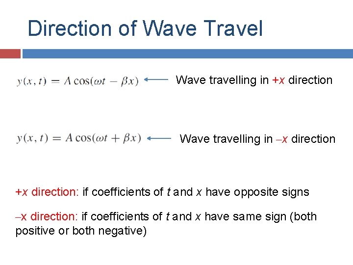 Direction of Wave Travel Wave travelling in +x direction Wave travelling in ‒x direction