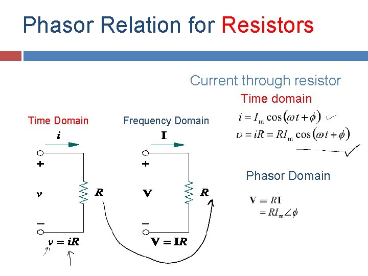 Phasor Relation for Resistors Current through resistor Time domain Time Domain Frequency Domain Phasor