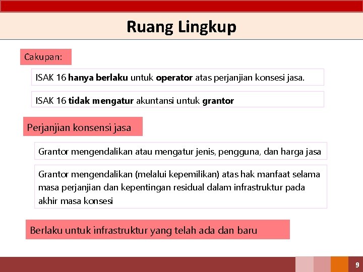 Ruang Lingkup Cakupan: ISAK 16 hanya berlaku untuk operator atas perjanjian konsesi jasa. ISAK
