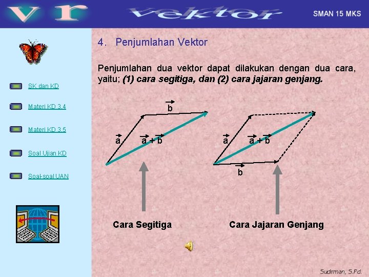 4. Penjumlahan Vektor SK dan KD Penjumlahan dua vektor dapat dilakukan dengan dua cara,