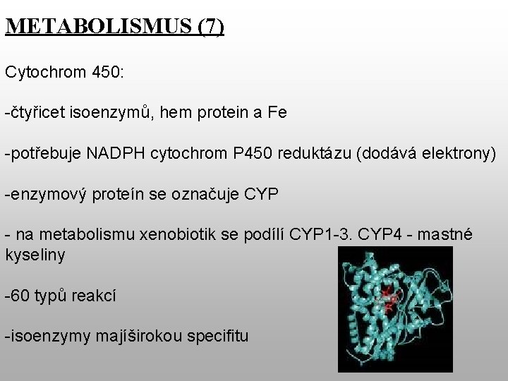 METABOLISMUS (7) Cytochrom 450: -čtyřicet isoenzymů, hem protein a Fe -potřebuje NADPH cytochrom P