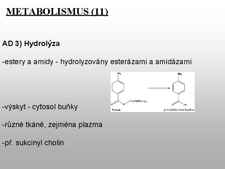 METABOLISMUS (11) AD 3) Hydrolýza -estery a amidy - hydrolyzovány esterázami a amidázami -výskyt