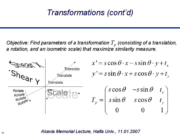Transformations (cont’d) Objective: Find parameters of a transformation Tp (consisting of a translation, a