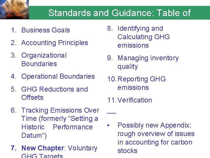 Standards and Guidance: Table of Contents 8. Identifying and 1. Business Goals 2. Accounting