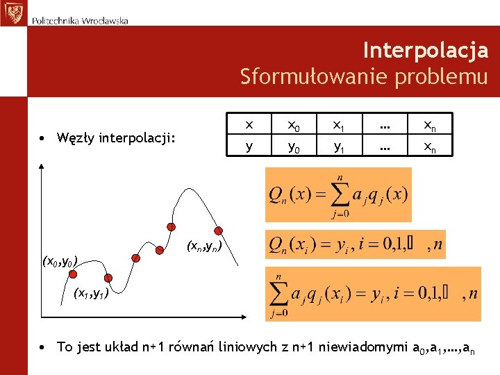 Interpolacja Sformułowanie problemu • Węzły interpolacji: (x 0, y 0) x x 0 x