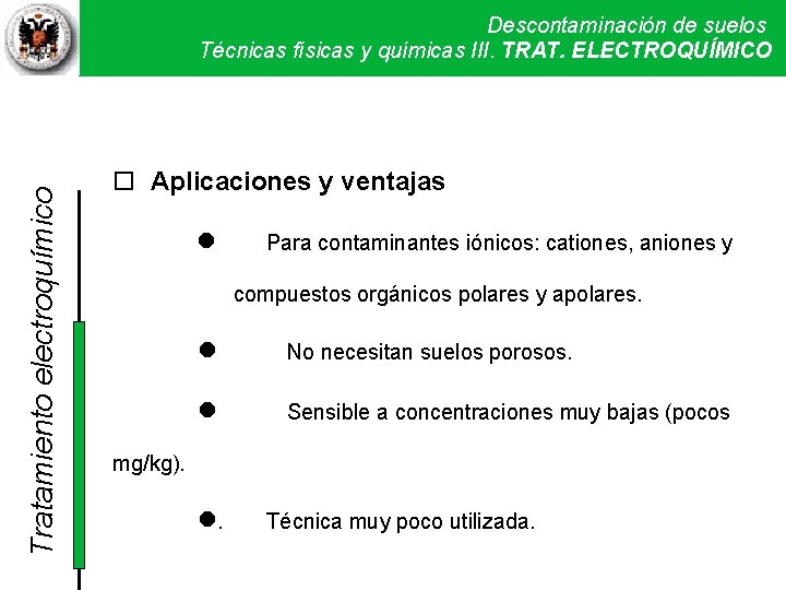 Tratamiento electroquímico Descontaminación de suelos Técnicas físicas y químicas III. Técnicas TRAT. ELECTROQUÍMICO físicas