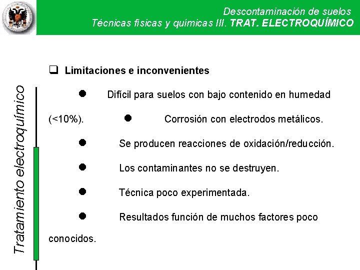 Descontaminación de suelos Técnicas físicas y químicas III. Técnicas TRAT. ELECTROQUÍMICO físicas y químicas