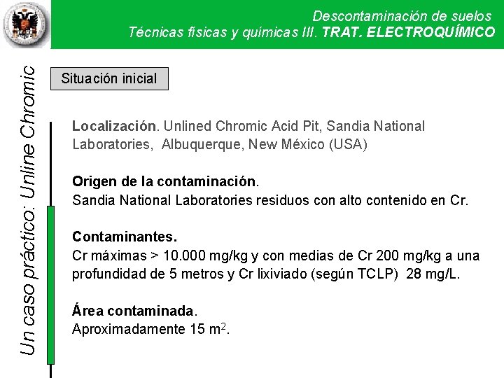 Un caso práctico: Unline Chromic Descontaminación de suelos Técnicas físicas y químicas III. Técnicas