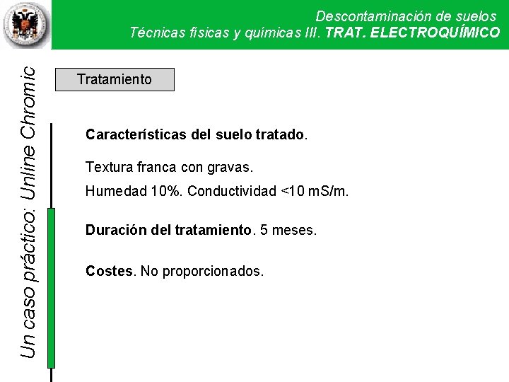 Un caso práctico: Unline Chromic Descontaminación de suelos Técnicas físicas y químicas III. Técnicas