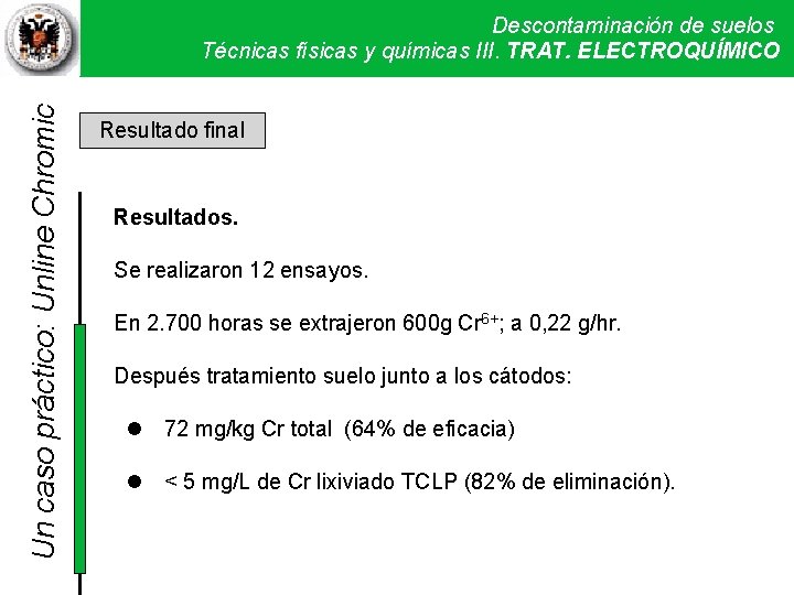 Un caso práctico: Unline Chromic Descontaminación de suelos Técnicas físicas y químicas III. Técnicas