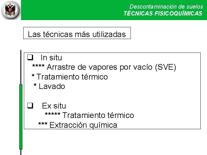 Descontaminación de de suelos Descontaminación Técnicas físicas Técnicas. FISICOQUÍMICAS físicas yy químicas IIII TÉCNICAS