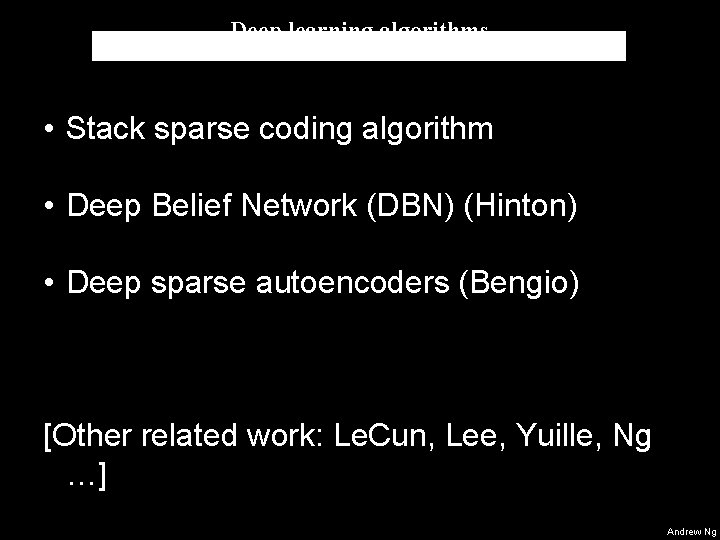 Deep learning algorithms • Stack sparse coding algorithm • Deep Belief Network (DBN) (Hinton)