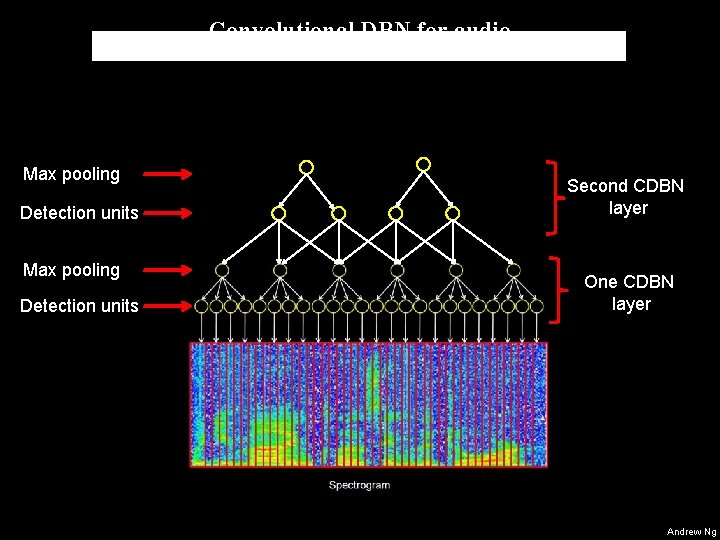 Convolutional DBN for audio Max pooling Detection units Second CDBN layer One CDBN layer