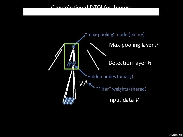 Convolutional DBN for Images ‘’max-pooling’’ node (binary) Max-pooling layer P Detection layer H Hidden