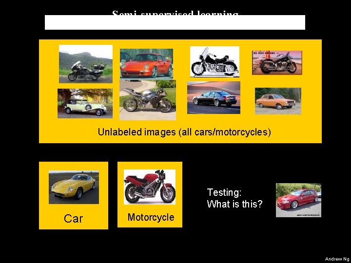 Semi-supervised learning Unlabeled images (all cars/motorcycles) Testing: What is this? Car Motorcycle Andrew Ng