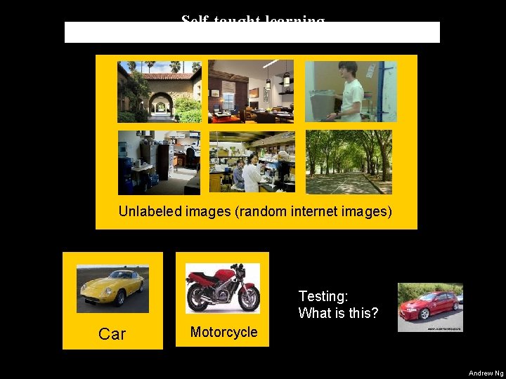 Self-taught learning Unlabeled images (random internet images) Testing: What is this? Car Motorcycle Andrew