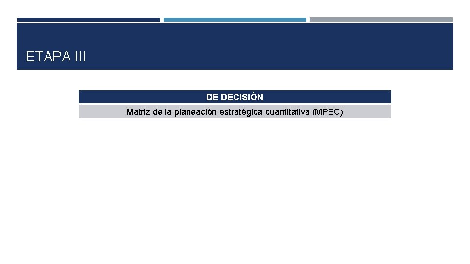 ETAPA III DE DECISIÓN Matriz de la planeación estratégica cuantitativa (MPEC) 