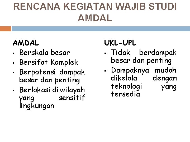 RENCANA KEGIATAN WAJIB STUDI AMDAL § Berskala besar § Bersifat Komplek § Berpotensi dampak