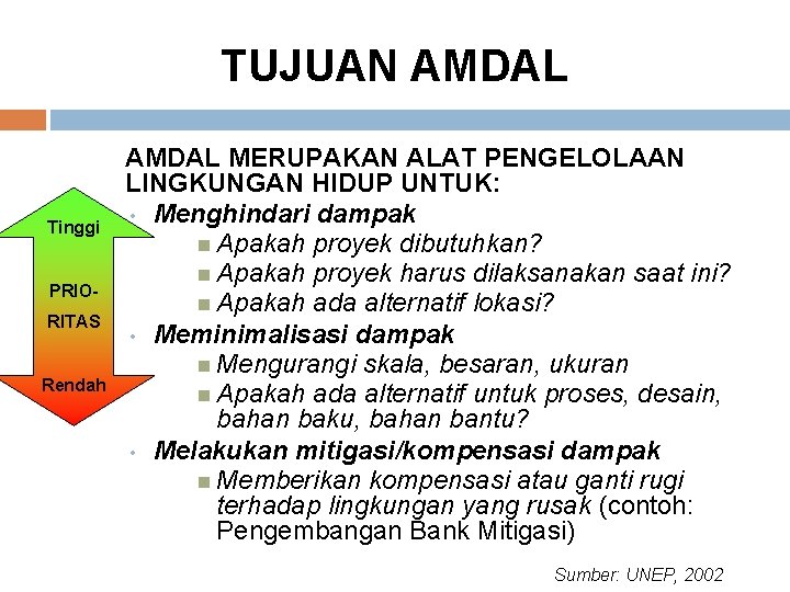 TUJUAN AMDAL Tinggi PRIORITAS Rendah AMDAL MERUPAKAN ALAT PENGELOLAAN LINGKUNGAN HIDUP UNTUK: • Menghindari