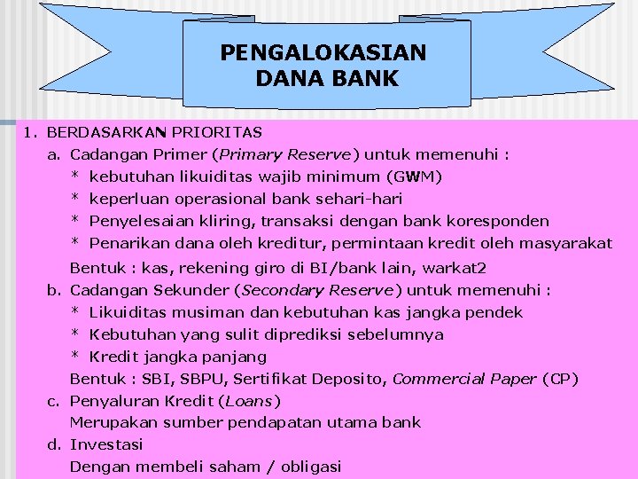 PENGALOKASIAN DANA BANK 1. BERDASARKAN PRIORITAS a. Cadangan Primer (Primary Reserve) untuk memenuhi :