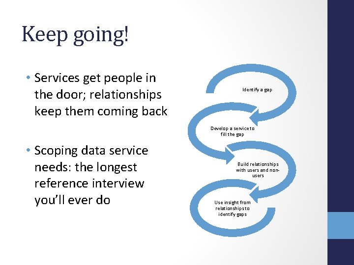 Keep going! • Services get people in the door; relationships keep them coming back