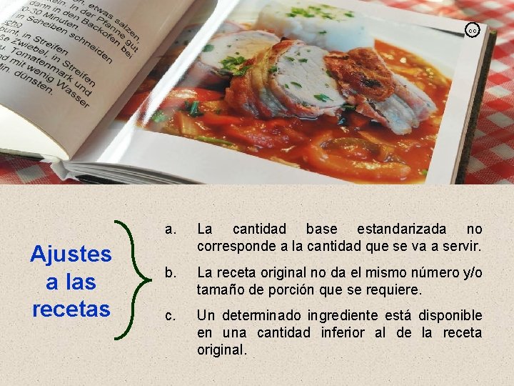 cc Ajustes a las recetas a. La cantidad base estandarizada no corresponde a la