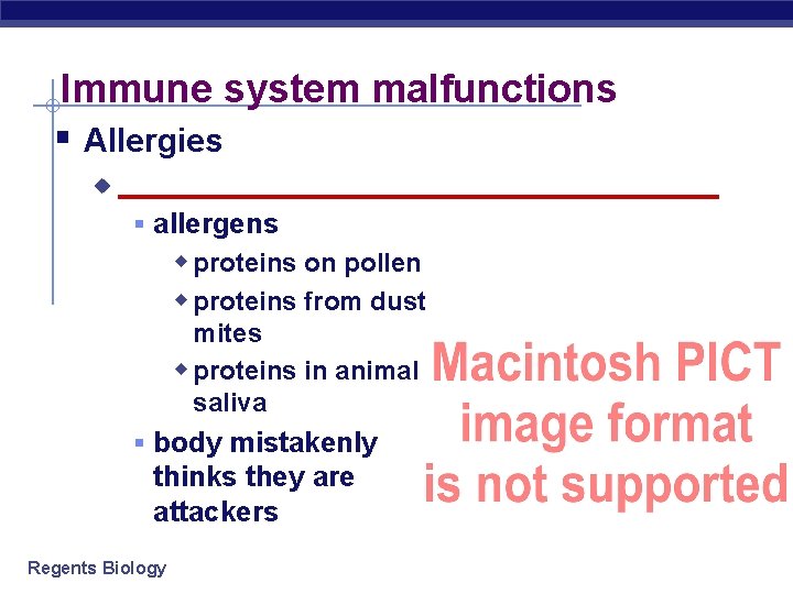 Immune system malfunctions § Allergies u __________________ § allergens w proteins on pollen w