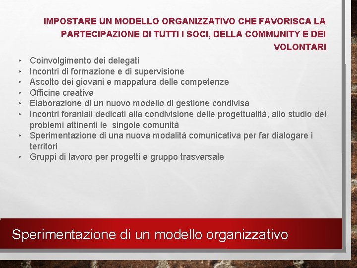 IMPOSTARE UN MODELLO ORGANIZZATIVO CHE FAVORISCA LA PARTECIPAZIONE DI TUTTI I SOCI, DELLA COMMUNITY