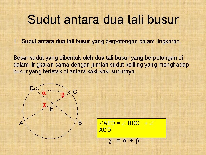 Sudut antara dua tali busur 1. Sudut antara dua tali busur yang berpotongan dalam