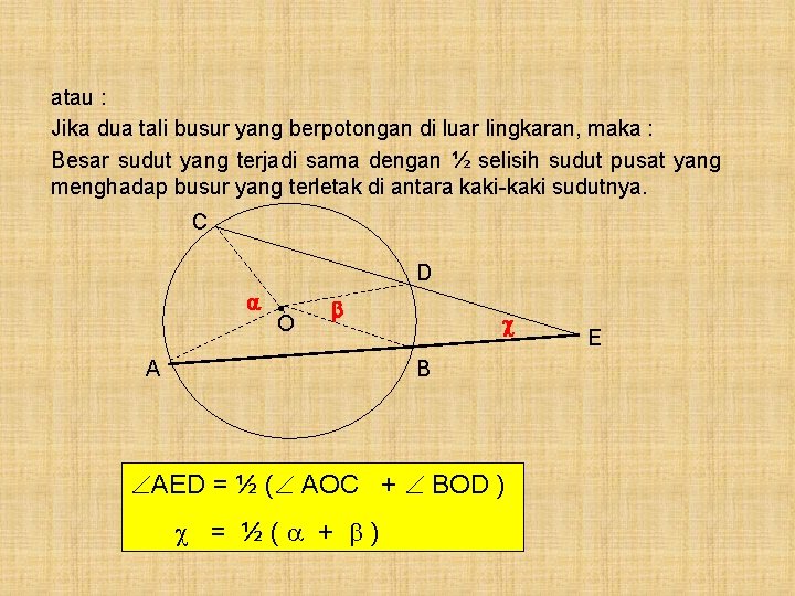 atau : Jika dua tali busur yang berpotongan di luar lingkaran, maka : Besar