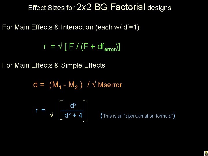 Effect Sizes for 2 x 2 BG Factorial designs For Main Effects & Interaction