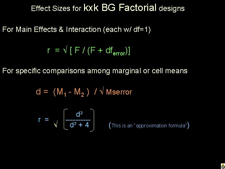 Effect Sizes for kxk BG Factorial designs For Main Effects & Interaction (each w/