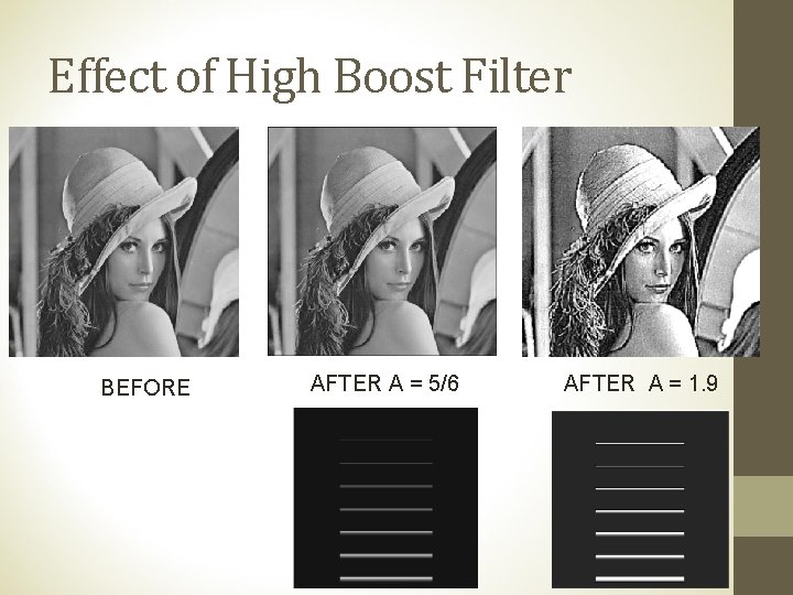 Effect of High Boost Filter BEFORE AFTER A = 5/6 AFTER A = 1.