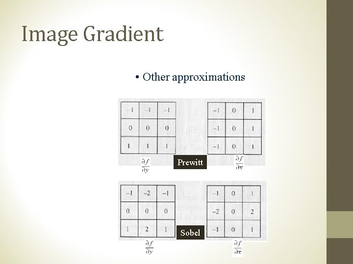Image Gradient • Other approximations Prewitt Sobel 