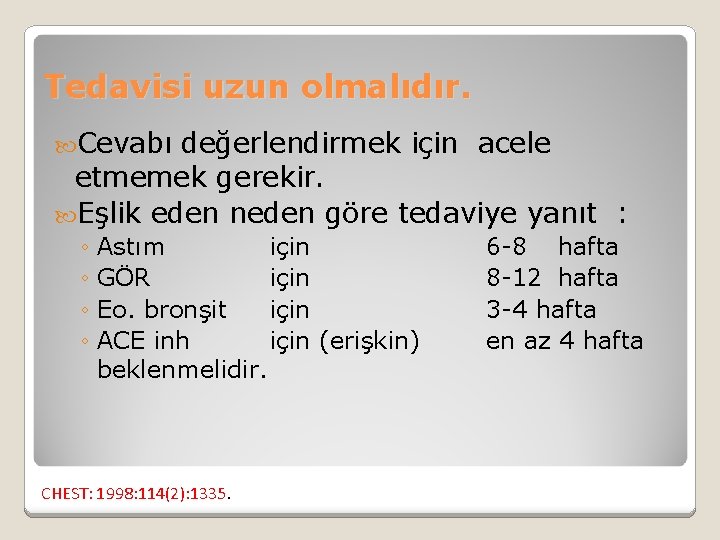 Tedavisi uzun olmalıdır. Cevabı değerlendirmek için acele etmemek gerekir. Eşlik eden neden göre tedaviye