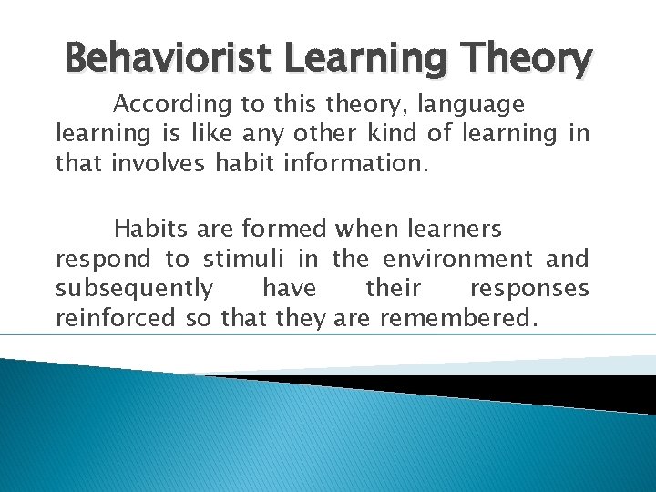 Behaviorist Learning Theory According to this theory, language learning is like any other kind Behaviorist Learning Theory According to this theory, language learning is like any other kind