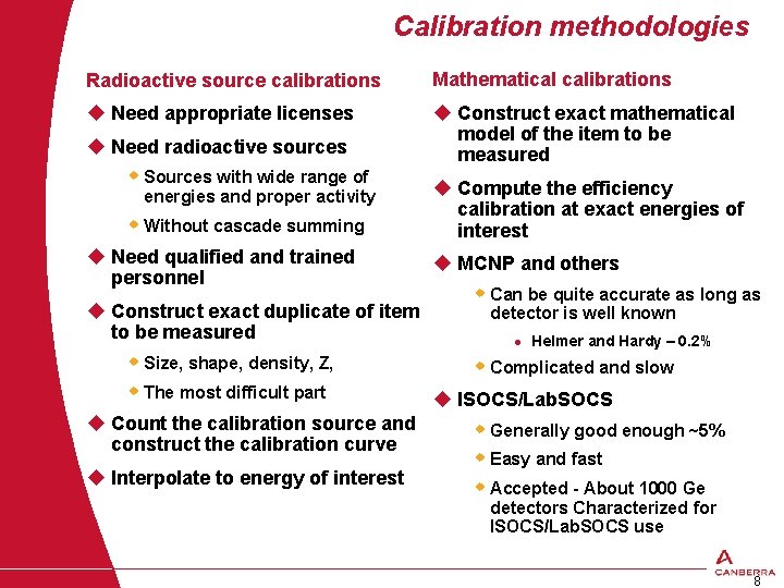 Calibration methodologies Radioactive source calibrations Mathematical calibrations u Need appropriate licenses u Construct exact