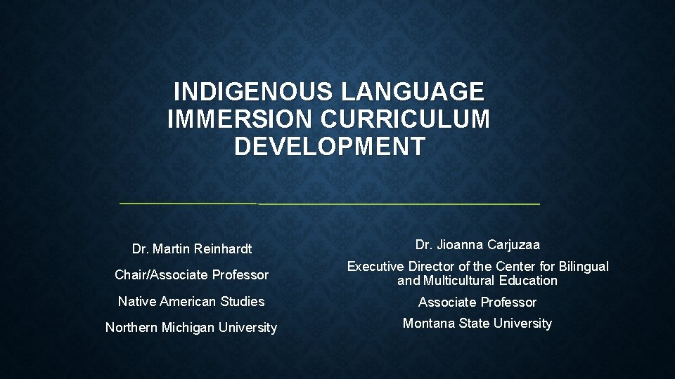 INDIGENOUS LANGUAGE IMMERSION CURRICULUM DEVELOPMENT Dr. Martin Reinhardt Dr. Jioanna Carjuzaa Chair/Associate Professor Executive