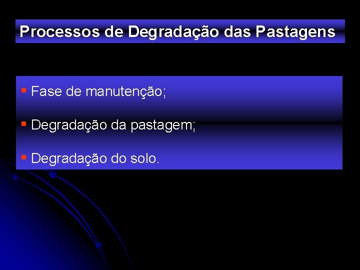 Processos de Degradação das Pastagens § Fase de manutenção; § Degradação da pastagem; §