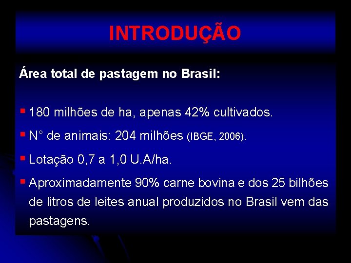 INTRODUÇÃO Área total de pastagem no Brasil: § 180 milhões de ha, apenas 42%