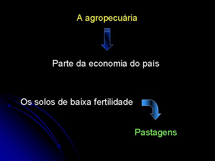 A agropecuária Parte da economia do país Os solos de baixa fertilidade Pastagens 